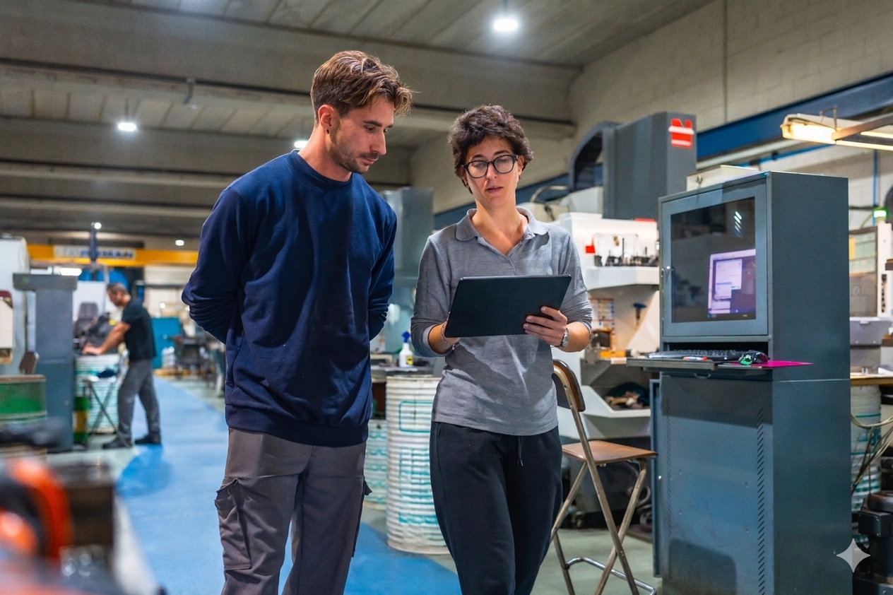 Engineer and operator reviewing a job on a tablet on the shop floor